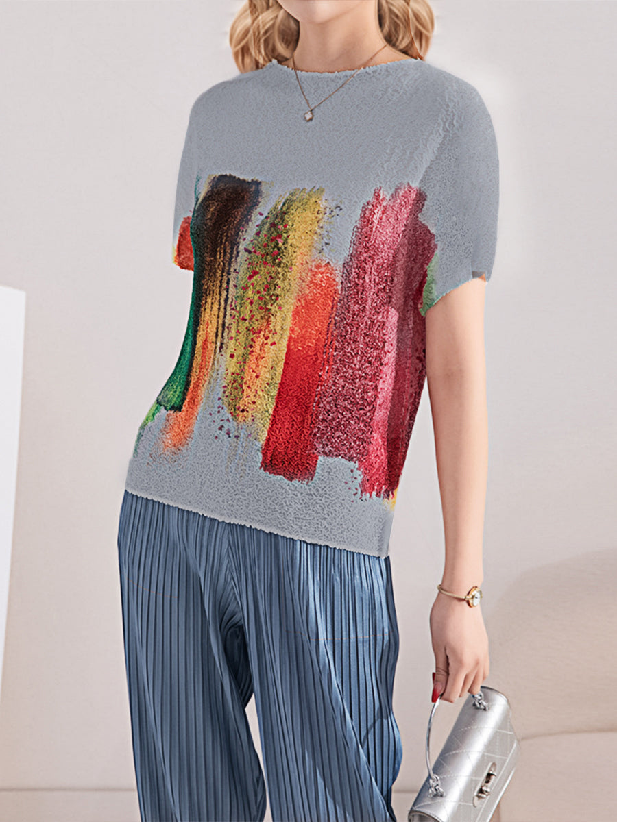 Embroidered Stretch Print Loose T-Shirt