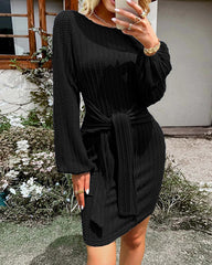 Casual Long Lantern Sleeve Bodycon Dress Tie Waist Rib Knitted Sweater Dresses