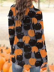 Plus Size Halloween Coat, Women's Pus Allover Cat & Pumpkin Print Long Sleeve Open Front Medium Stretch Cardigan Overcoat