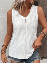 Plus Size Casual Tank Top, Women's Plus Solid Jacquard Eyelet Embroidered Button Decor V Neck Medium Stretch Tank Top