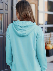 Plus Size Casual Sweatshirt, Women's Plus Solid Cut Out Long Sleeve Slight Stretch Drawstring Hoodie With Pocket