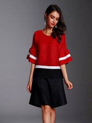 Fashion Pleated Color Block Round Neck T-Shirt