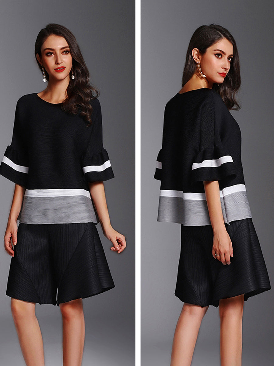 Fashion Pleated Color Block Round Neck T-Shirt