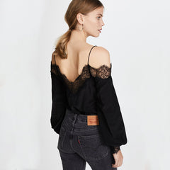Spaghetti Straps Lace Patchwork Long Sleeve Blouses