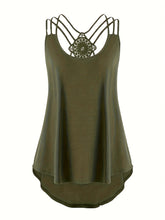 Plus Size Solid Contrast Lace Criss Cross Cami Top, Women's Plus Slight Stretch Casual Top