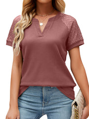 Solid Color Lace Hollow V-Neck Ruffle Sleeve Casual T-Shirt