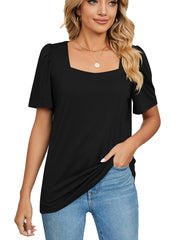 Solid Square Neck Short Sleeve Loose T-Shirt
