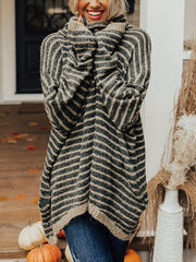 Plus Size Casual Sweater, Women's Plus Stripe Print Chimney Collar Long Sleeve Pullover Sweater