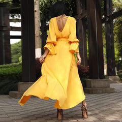 Fashion V neck Irregular Lacing Long sleeve Maxi Dresses