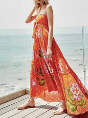 Fashion V neck Floral Vent Maxi Dresses