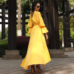 Fashion V neck Irregular Lacing Long sleeve Maxi Dresses