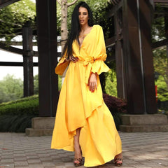 Fashion V neck Irregular Lacing Long sleeve Maxi Dresses