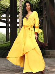 Fashion V neck Irregular Lacing Long sleeve Maxi Dresses