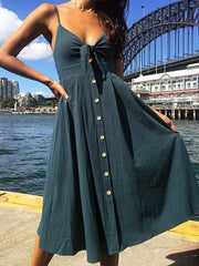 Floral V Neck Tie Spaghetti Strap Beach Midi Dress