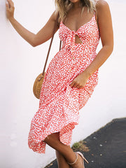Floral V Neck Tie Spaghetti Strap Beach Midi Dress