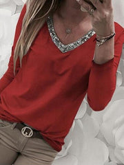 Solid Color V-neck Bling Long Sleeve Large Size T-shirt