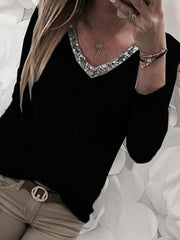 Solid Color V-neck Bling Long Sleeve Large Size T-shirt