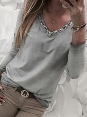 Solid Color V-neck Bling Long Sleeve Large Size T-shirt
