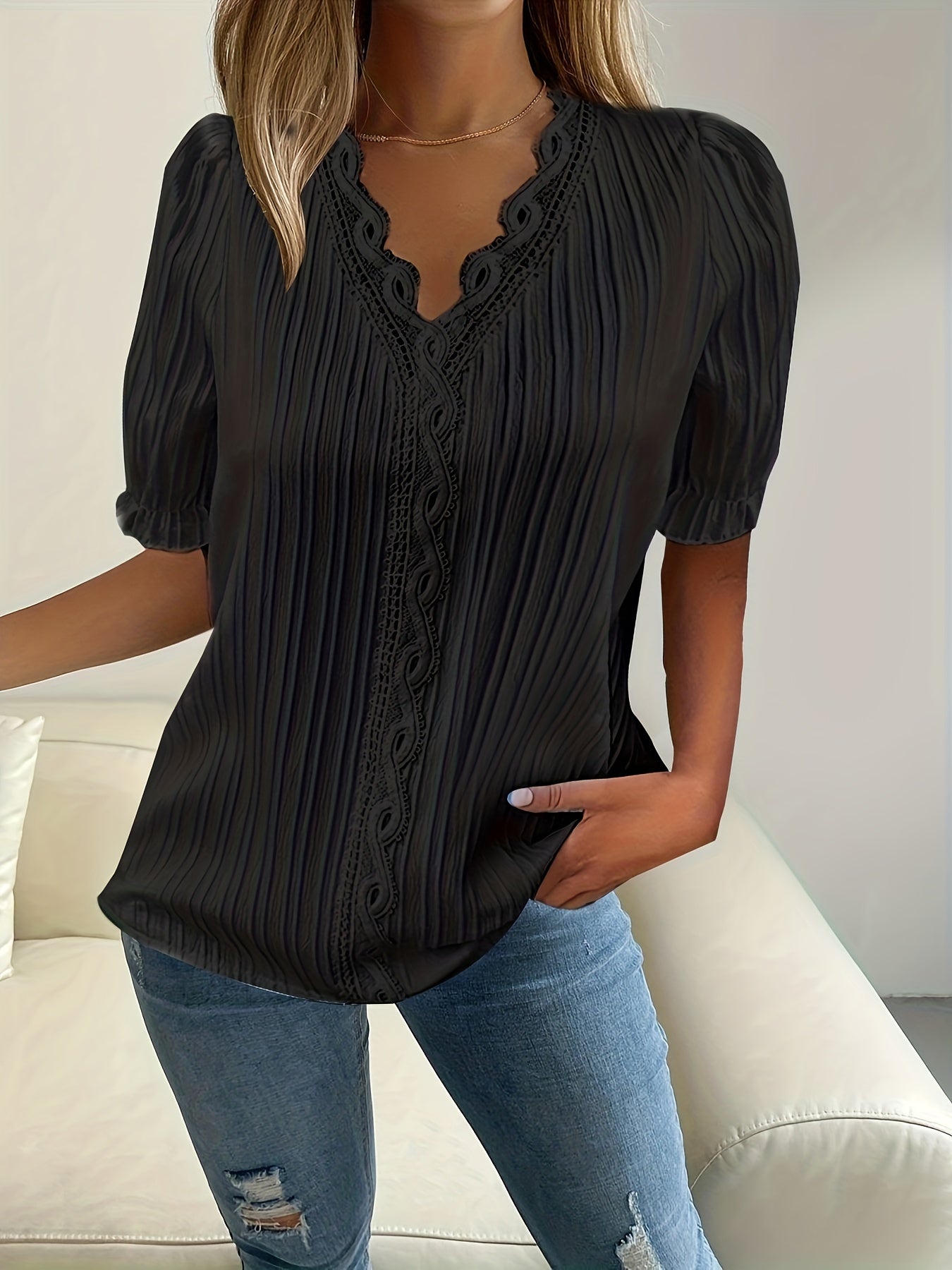 Plus Size Elegant Blouse, Women's Plus Solid Contrast Lace Ribbed Puff Sleeve V Neck Shirt Top