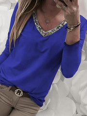 Solid Color V-neck Bling Long Sleeve Large Size T-shirt