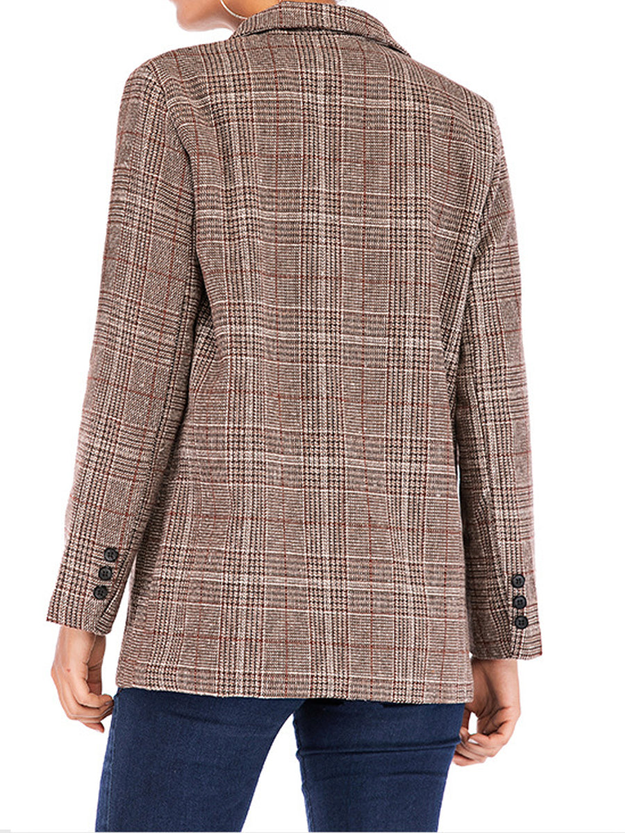 Plaid Notched Lapel One Button Houndstooth Coat