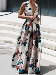 Sleeveless print v-neck elegant maxi dress