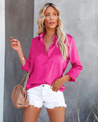 Button Down Shirt Loose Lapel Plain Satin Blouse with Pocket