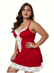 Plus Size Sexy Nightdress, Women's Plus Comfort Soft Contrast Lace Criss Cross Back V Neck Cami Sleep Dress With Free Underwear