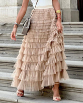 A-Line Patchwork Mesh Cake Skirt Casual Solid Color High Waist Loose Ruffled Pleated Long Tulle Skirt