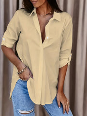 Plus Size Formal Shirt, Women's Plus Plain Long Sleeve Turn Down Collar Button Up Workwear Shirt