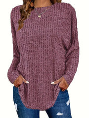 Plus Size Casual Sweater, Women's Plus Solid Ribbed Long Sleeve Round Neck Knit Top