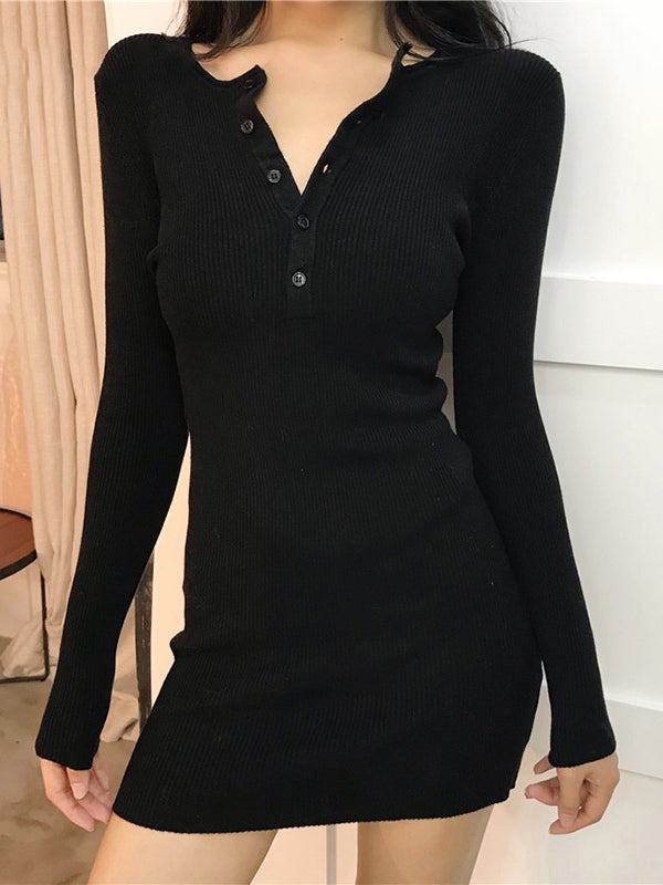 Button Front Ribbed Knit Long Sleeve Mini Dress