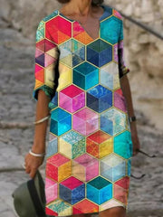 Short Sleeve V Neck Geometric Cotton-Blend Dresses