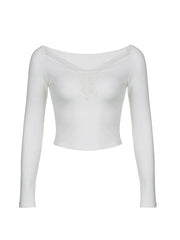 White Lace Trim Ribbed Long Sleeve Crop Top