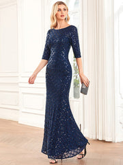 3/4 Sleeve Bodycon Plunging Back Sequin Evening Dress