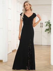 Sequin Cap Sleeve V-Neck A-Line Evening Dress