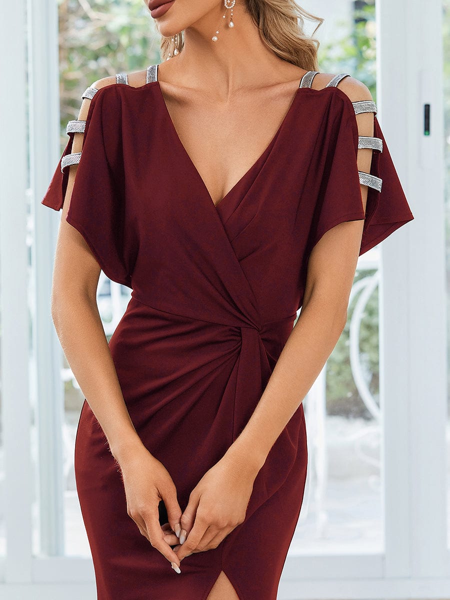 Pleated High Slit Hollow Out Sequin Sleeve V-Neck Evening Dress
