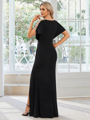 Pleated High Slit Hollow Out Sequin Sleeve V-Neck Evening Dress
