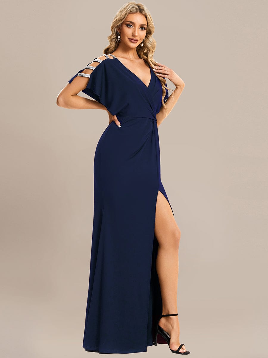 Pleated High Slit Hollow Out Sequin Sleeve V-Neck Evening Dress