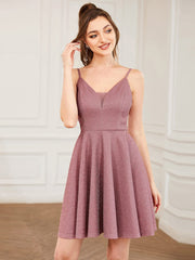 Shiny Deep V Neck Knee Length Prom Dress