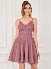 Shiny Deep V Neck Knee Length Prom Dress