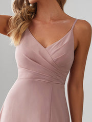 Pleated V-Neck Spaghetti Strap High Slit Bridesmaid Dress