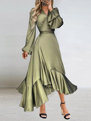 Fashion Sexy Solid Patchwork With Belt V Neck Asymmetrical Long Dresses