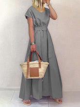 Fashion Solid Patchwork O Neck Waist Skirt Dresses Maxi Dresses