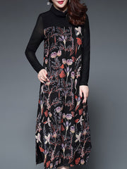 Sheer Sleeve Paneled Long Sleeve Floral Party Dress