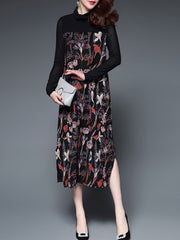 Sheer Sleeve Paneled Long Sleeve Floral Party Dress