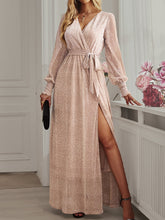 Tie Waist Slit V Neck Long Sleeved Maxi Dress