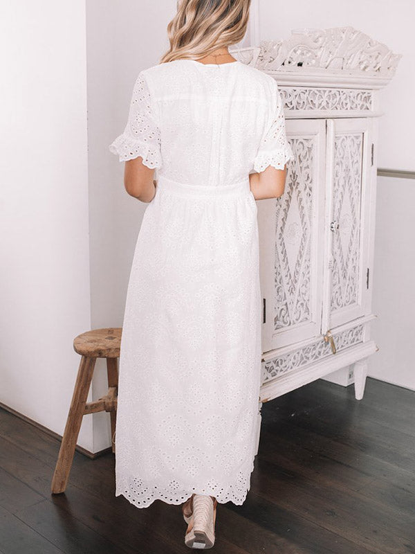 Button Up Eyelet Embroidery Midi Dress