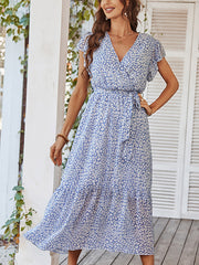 Sexy Floral Tie Waist Casual Midi Dress