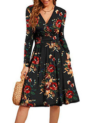 Long Sleeve Casual V-Neck Floral Party Midi Dress